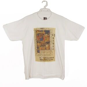 Vintage 80s Medieval History Art Graphic Print Quebec Short Sleeve Shirt Top